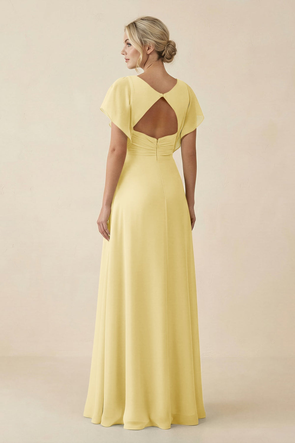 V - Neck Cap Sleeve Chiffon Bridesmaid Dress with Cut - out Back in Pastel Yellow - KissProm Bridesmaid Dresses