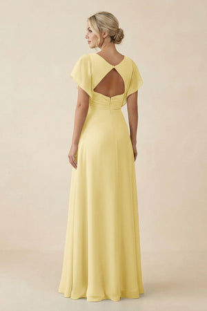 V - Neck Cap Sleeve Chiffon Bridesmaid Dress with Cut - out Back in Pastel Yellow - KissProm Bridesmaid Dresses
