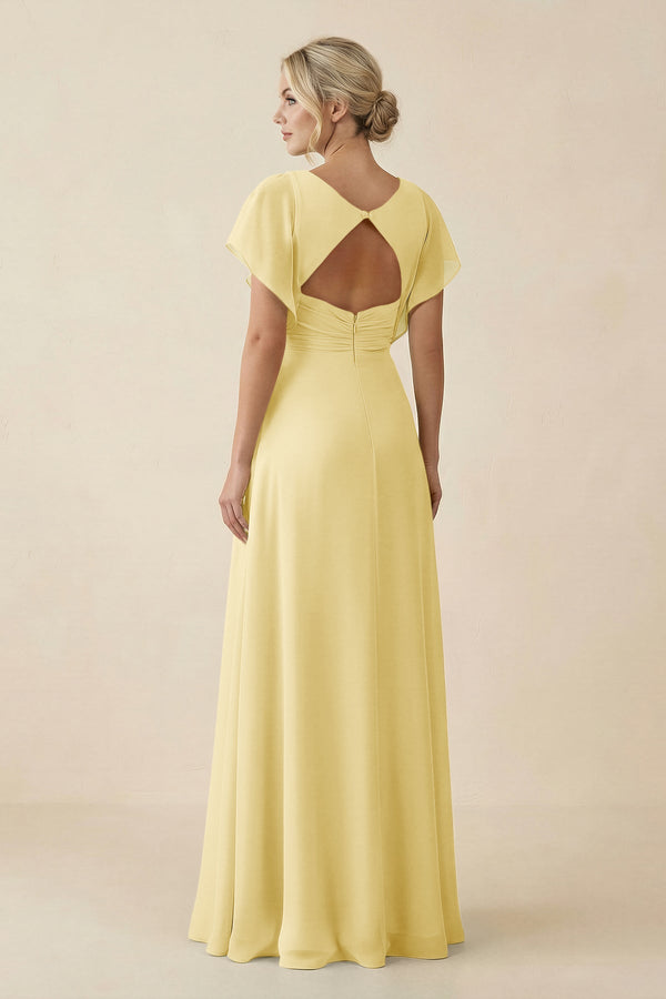 V - Neck Cap Sleeve Chiffon Bridesmaid Dress with Cut - out Back in Pastel Yellow - KissProm Bridesmaid Dresses