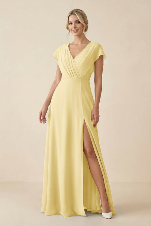 KissProm V-Neck Cap Sleeve Chiffon Bridesmaid Dress with Cut-out Back in Pastel Yellow, Pastel Yellow / 14