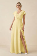 V - Neck Cap Sleeve Chiffon Bridesmaid Dress with Cut - out Back in Pastel Yellow - KissProm Bridesmaid Dresses