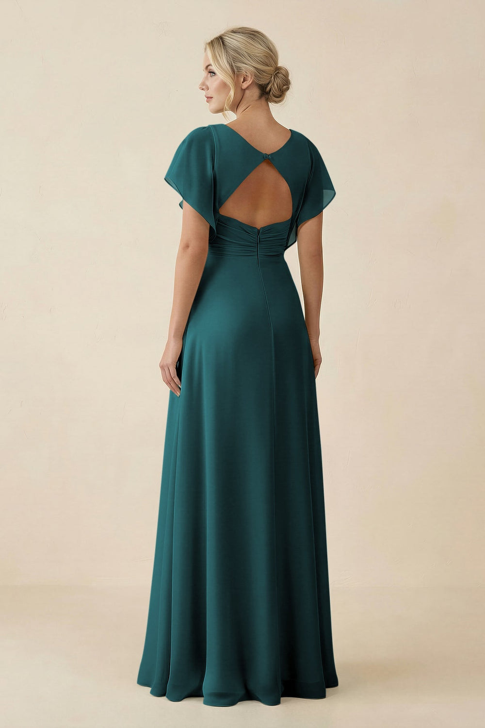 V - Neck Cap Sleeve Chiffon Bridesmaid Dress with Cut - out Back in Pine - KissProm Bridesmaid Dresses