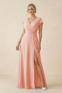 V - Neck Cap Sleeve Chiffon Bridesmaid Dress with Cut - out Back in Rose Petal - KissProm Bridesmaid Dresses