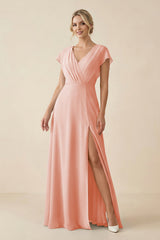 V - Neck Cap Sleeve Chiffon Bridesmaid Dress with Cut - out Back in Rose Petal - KissProm Bridesmaid Dresses