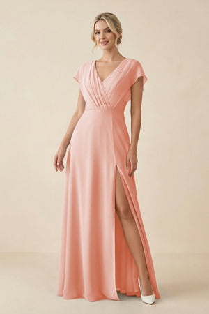 V - Neck Cap Sleeve Chiffon Bridesmaid Dress with Cut - out Back in Rose Petal - KissProm Bridesmaid Dresses