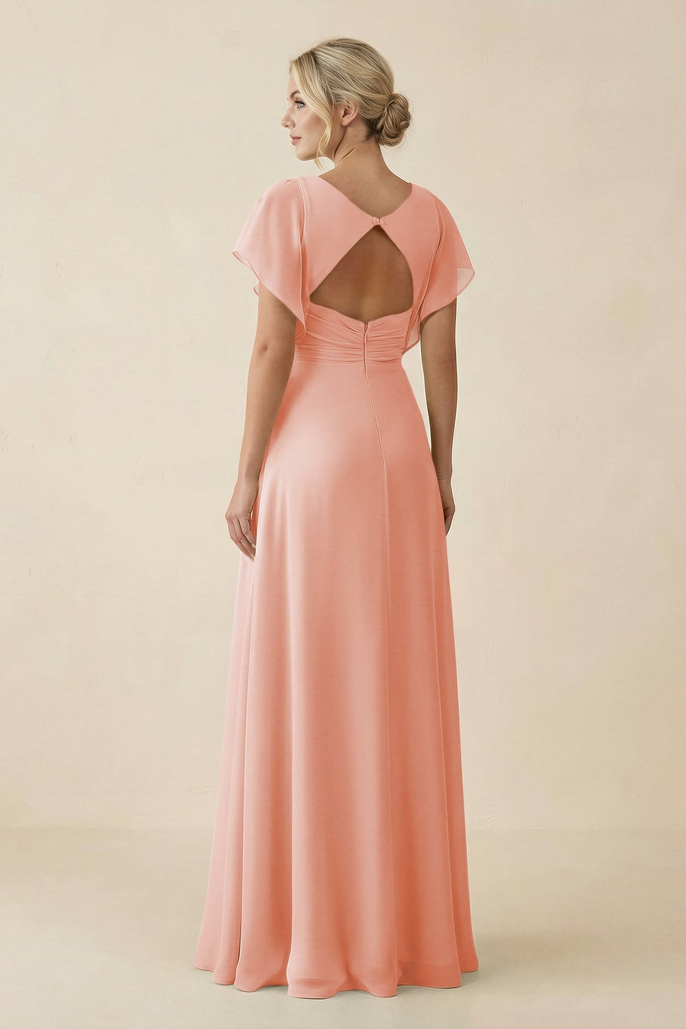 V - Neck Cap Sleeve Chiffon Bridesmaid Dress with Cut - out Back in Rose Petal - KissProm Bridesmaid Dresses