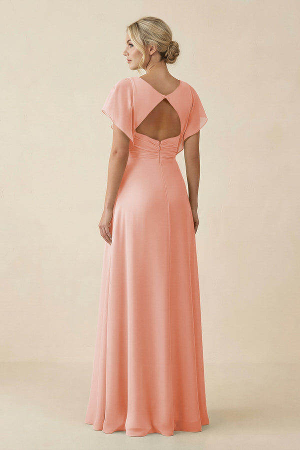 V - Neck Cap Sleeve Chiffon Bridesmaid Dress with Cut - out Back in Rose Petal - KissProm Bridesmaid Dresses