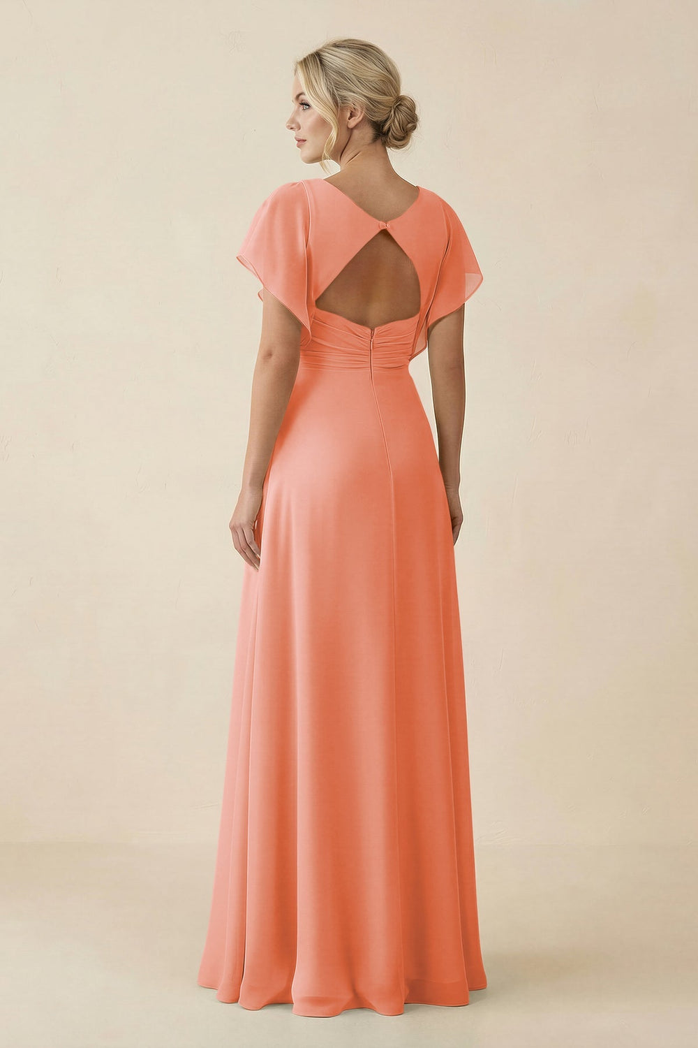 V - Neck Cap Sleeve Chiffon Bridesmaid Dress with Cut - out Back in Rosette - KissProm Bridesmaid Dresses