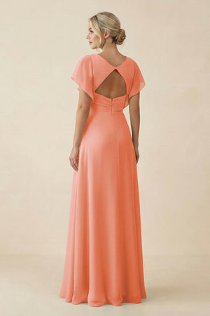 V - Neck Cap Sleeve Chiffon Bridesmaid Dress with Cut - out Back in Rosette - KissProm Bridesmaid Dresses