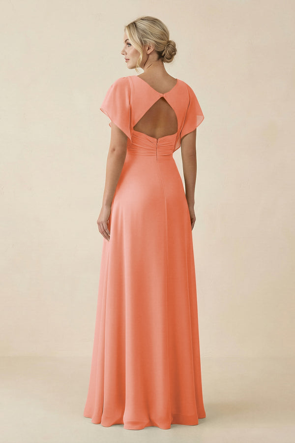 V - Neck Cap Sleeve Chiffon Bridesmaid Dress with Cut - out Back in Rosette - KissProm Bridesmaid Dresses