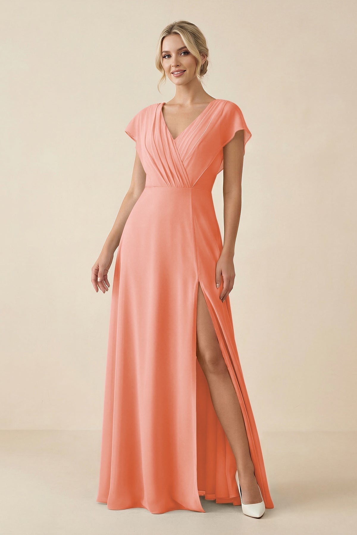 KissProm V-Neck Cap Sleeve Chiffon Bridesmaid Dress with Cut-out Back in Rosette, Rosette / 28