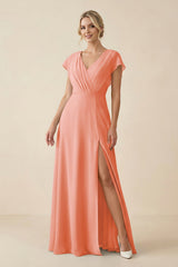 V - Neck Cap Sleeve Chiffon Bridesmaid Dress with Cut - out Back in Rosette - KissProm Bridesmaid Dresses
