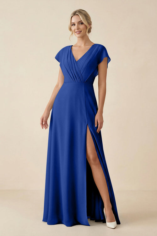 KissProm V-Neck Cap Sleeve Chiffon Bridesmaid Dress with Cut-out Back in Royal Blue, Royal Blue / 26