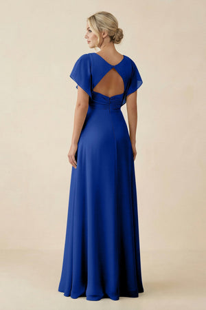 V - Neck Cap Sleeve Chiffon Bridesmaid Dress with Cut - out Back in Royal Blue - KissProm Bridesmaid Dresses