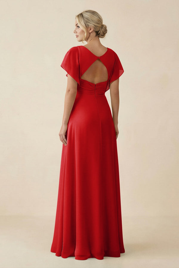 KissProm V-Neck Cap Sleeve Chiffon Bridesmaid Dress with Cut-out Back in Ruby Red, Ruby Red / 18