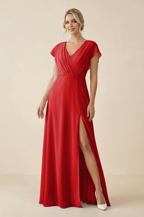 KissProm V-Neck Cap Sleeve Chiffon Bridesmaid Dress with Cut-out Back in Ruby Red, Ruby Red / 18
