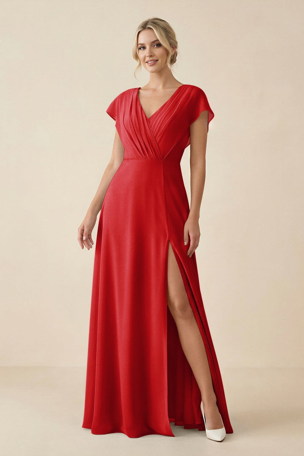 V - Neck Cap Sleeve Chiffon Bridesmaid Dress with Cut - out Back in Ruby Red - KissProm Bridesmaid Dresses