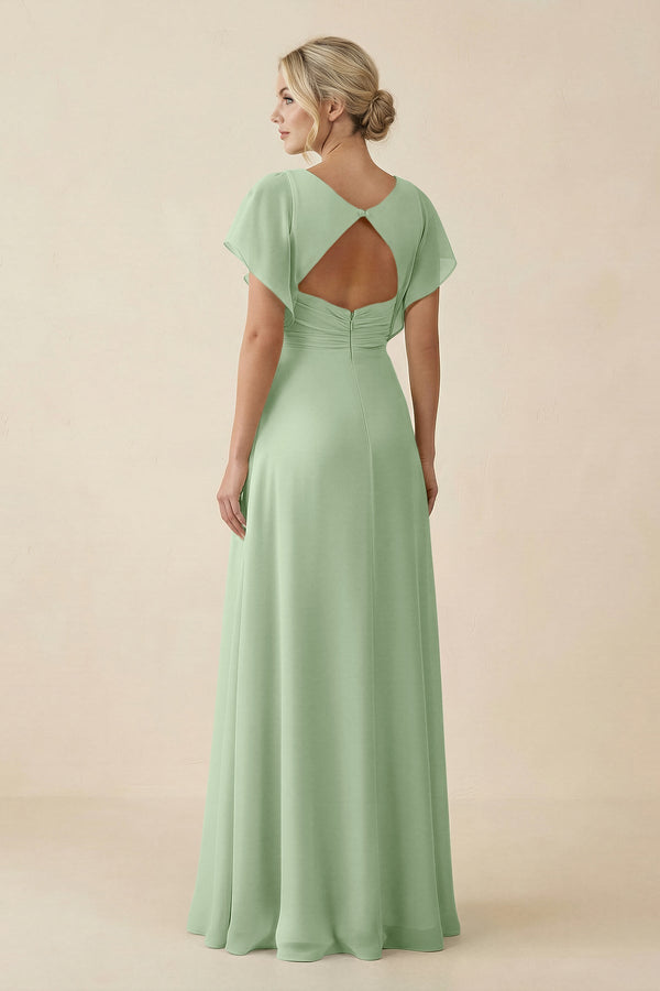 V - Neck Cap Sleeve Chiffon Bridesmaid Dress with Cut - out Back in Sage - KissProm Bridesmaid Dresses