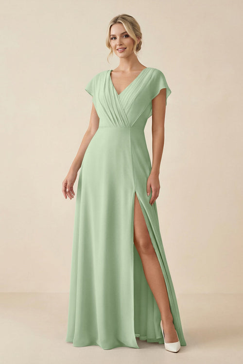 KissProm V-Neck Cap Sleeve Chiffon Bridesmaid Dress with Cut-out Back in Sage, Sage / 2