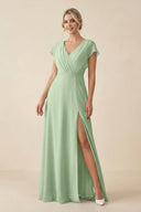 V - Neck Cap Sleeve Chiffon Bridesmaid Dress with Cut - out Back in Sage - KissProm Bridesmaid Dresses