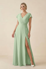 V - Neck Cap Sleeve Chiffon Bridesmaid Dress with Cut - out Back in Sage - KissProm Bridesmaid Dresses