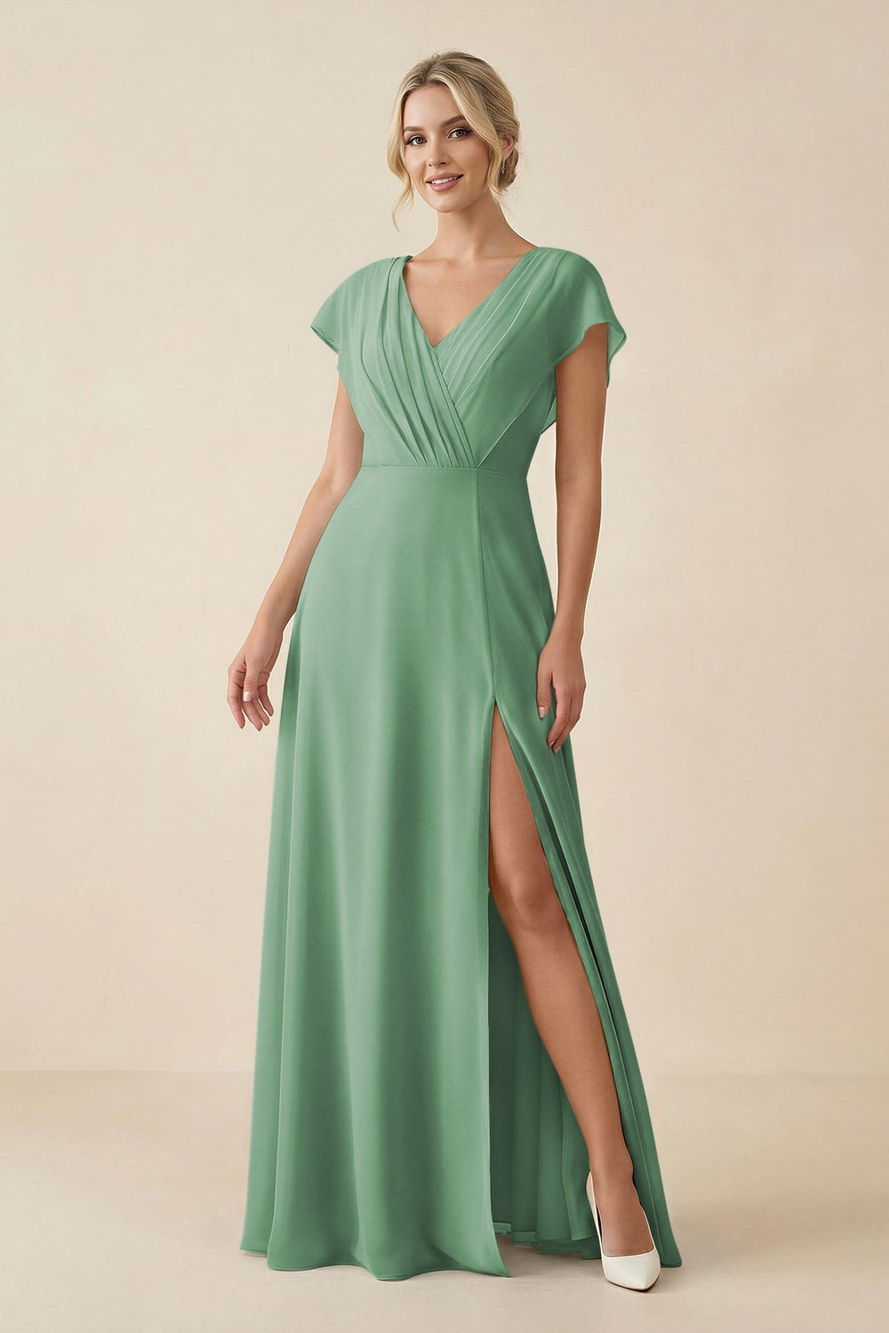 V - Neck Cap Sleeve Chiffon Bridesmaid Dress with Cut - out Back in Sea Glass - KissProm Bridesmaid Dresses