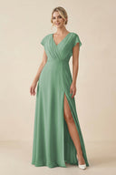 V - Neck Cap Sleeve Chiffon Bridesmaid Dress with Cut - out Back in Sea Glass - KissProm Bridesmaid Dresses
