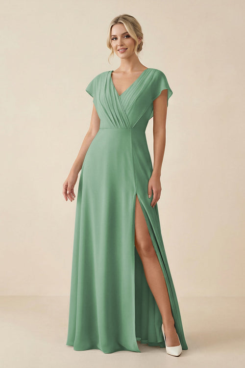 V - Neck Cap Sleeve Chiffon Bridesmaid Dress with Cut - out Back in Sea Glass - KissProm Bridesmaid Dresses