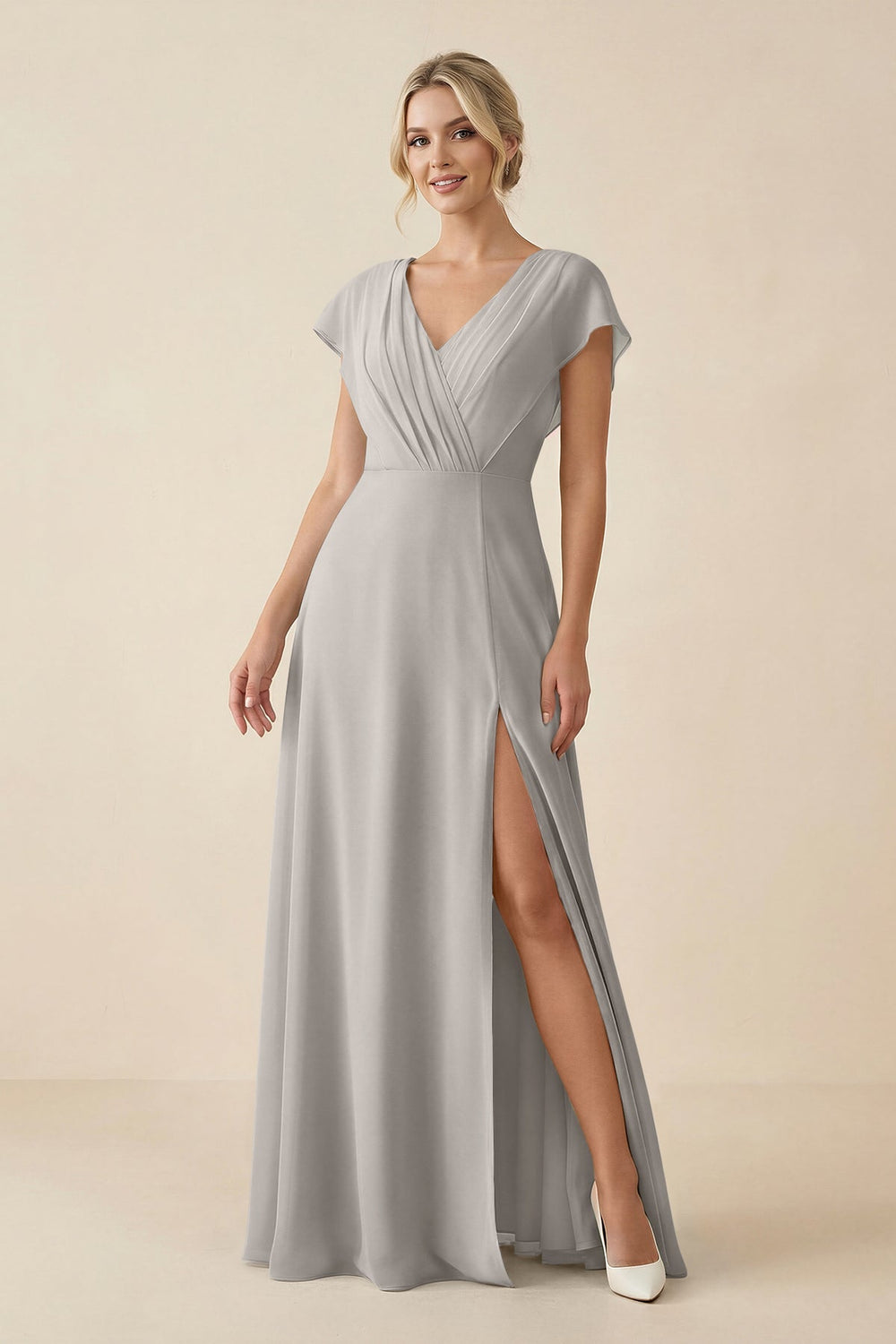 V - Neck Cap Sleeve Chiffon Bridesmaid Dress with Cut - out Back in Silver - KissProm Bridesmaid Dresses