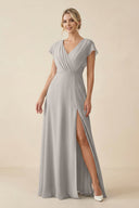 V - Neck Cap Sleeve Chiffon Bridesmaid Dress with Cut - out Back in Silver - KissProm Bridesmaid Dresses