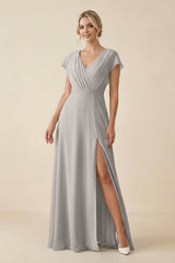 V - Neck Cap Sleeve Chiffon Bridesmaid Dress with Cut - out Back in Silver - KissProm Bridesmaid Dresses