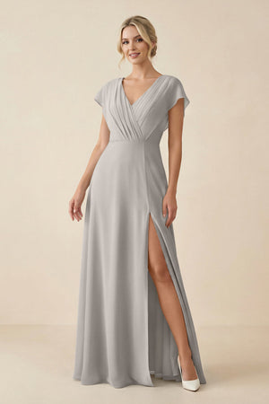 V - Neck Cap Sleeve Chiffon Bridesmaid Dress with Cut - out Back in Silver - KissProm Bridesmaid Dresses