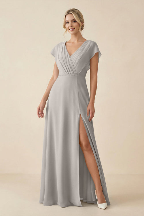 V - Neck Cap Sleeve Chiffon Bridesmaid Dress with Cut - out Back in Silver - KissProm Bridesmaid Dresses