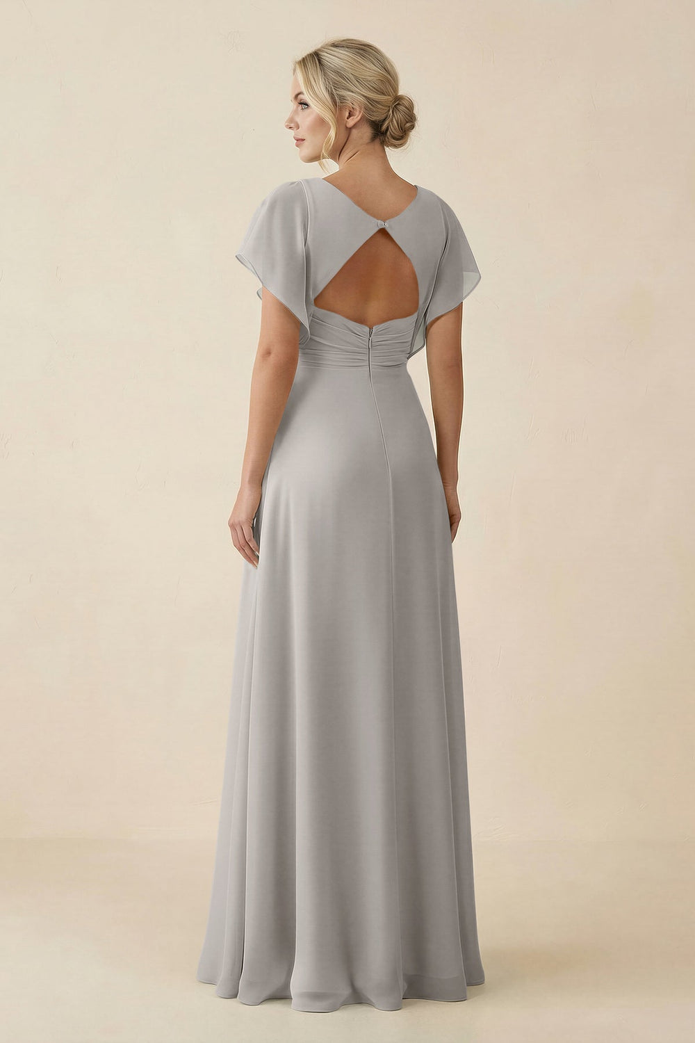 V - Neck Cap Sleeve Chiffon Bridesmaid Dress with Cut - out Back in Silver - KissProm Bridesmaid Dresses
