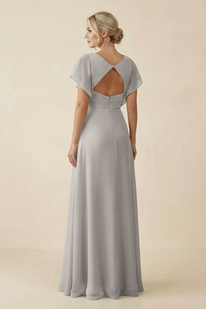 V - Neck Cap Sleeve Chiffon Bridesmaid Dress with Cut - out Back in Silver - KissProm Bridesmaid Dresses
