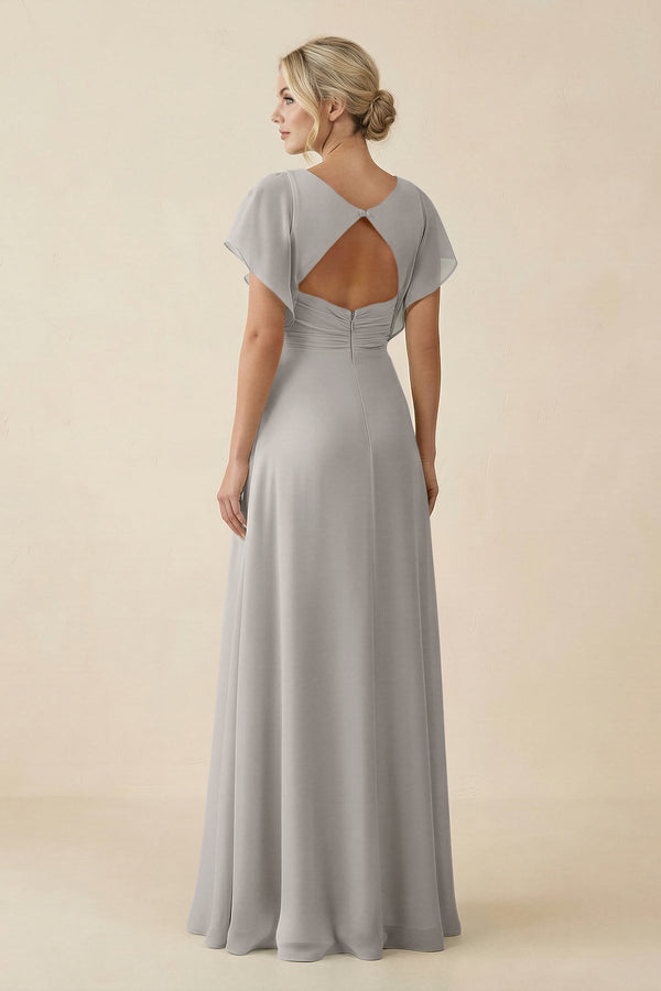 V - Neck Cap Sleeve Chiffon Bridesmaid Dress with Cut - out Back in Silver - KissProm Bridesmaid Dresses