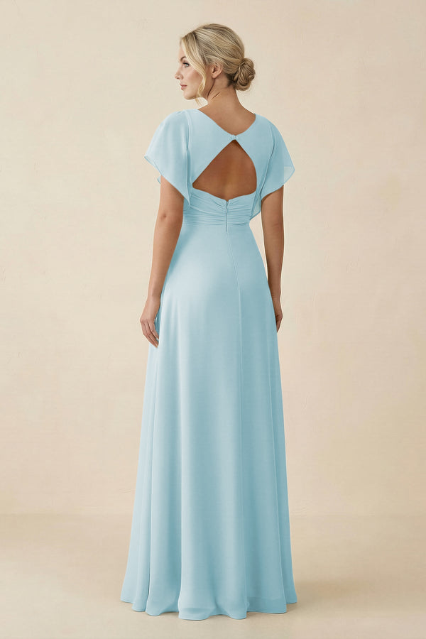 V - Neck Cap Sleeve Chiffon Bridesmaid Dress with Cut - out Back in Sky Blue - KissProm Bridesmaid Dresses