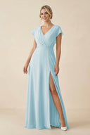 V - Neck Cap Sleeve Chiffon Bridesmaid Dress with Cut - out Back in Sky Blue - KissProm Bridesmaid Dresses