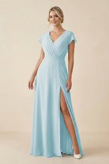 V - Neck Cap Sleeve Chiffon Bridesmaid Dress with Cut - out Back in Sky Blue - KissProm Bridesmaid Dresses