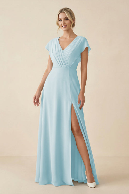 V - Neck Cap Sleeve Chiffon Bridesmaid Dress with Cut - out Back in Sky Blue - KissProm Bridesmaid Dresses