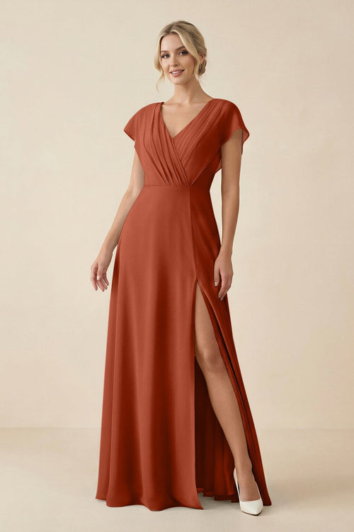 KissProm V-Neck Cap Sleeve Chiffon Bridesmaid Dress with Cut-out Back in Spice, Spice / 10