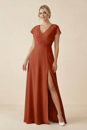 V - Neck Cap Sleeve Chiffon Bridesmaid Dress with Cut - out Back in Spice - KissProm Bridesmaid Dresses