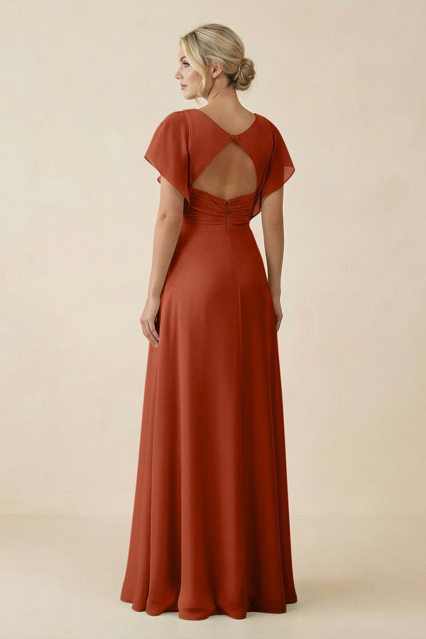 KissProm V-Neck Cap Sleeve Chiffon Bridesmaid Dress with Cut-out Back in Spice, Spice / 10