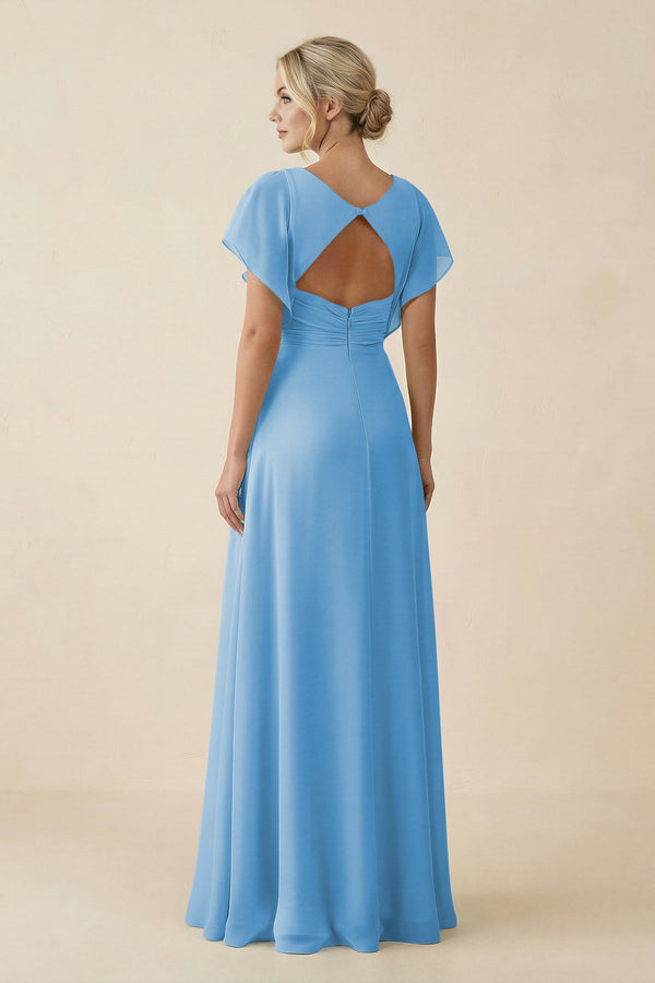 V - Neck Cap Sleeve Chiffon Bridesmaid Dress with Cut - out Back in Steel Blue - KissProm Bridesmaid Dresses