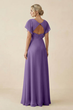 V - Neck Cap Sleeve Chiffon Bridesmaid Dress with Cut - out Back in Tahiti - KissProm Bridesmaid Dresses