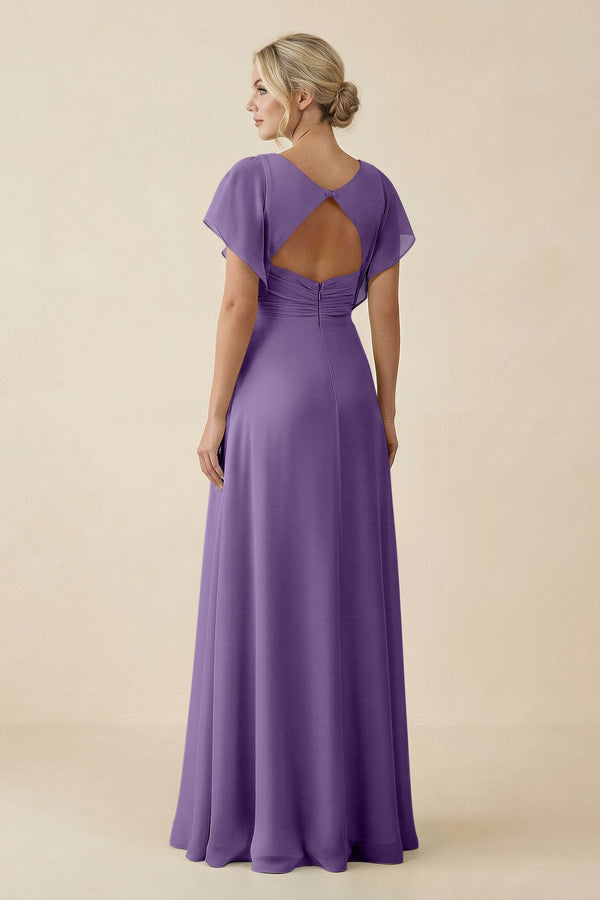 V - Neck Cap Sleeve Chiffon Bridesmaid Dress with Cut - out Back in Tahiti - KissProm Bridesmaid Dresses