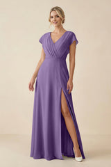 V - Neck Cap Sleeve Chiffon Bridesmaid Dress with Cut - out Back in Tahiti - KissProm Bridesmaid Dresses
