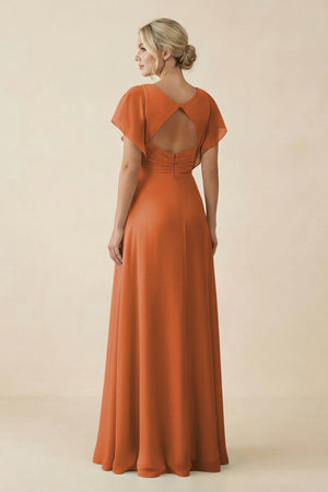V - Neck Cap Sleeve Chiffon Bridesmaid Dress with Cut - out Back in Terracotta - KissProm Bridesmaid Dresses