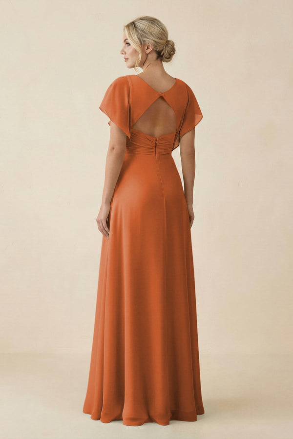 V - Neck Cap Sleeve Chiffon Bridesmaid Dress with Cut - out Back in Terracotta - KissProm Bridesmaid Dresses