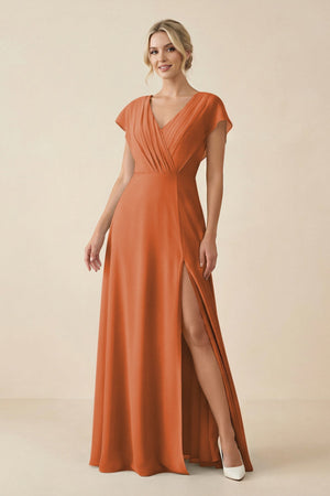 V - Neck Cap Sleeve Chiffon Bridesmaid Dress with Cut - out Back in Terracotta - KissProm Bridesmaid Dresses